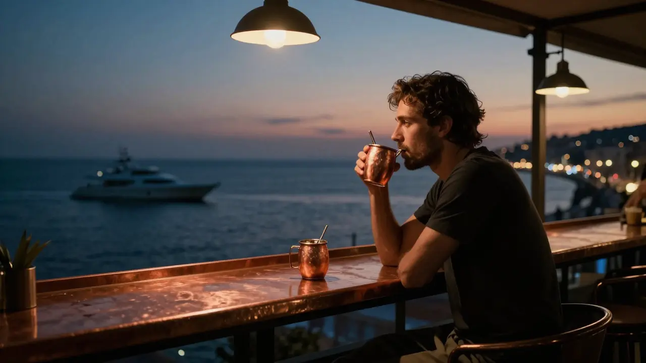 Rooftop bar at Le Blue with a solo guest enjoying a cocktail as yachts and city lights glow over the Mediterranean at dusk.