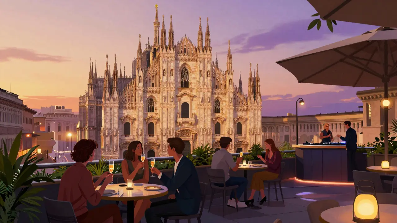 Rooftop bar at sunset in Milan with views of the Duomo and guests sipping prosecco.