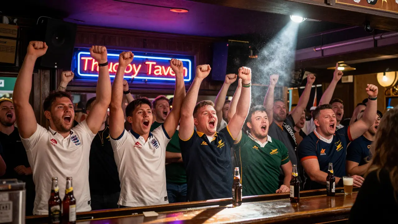 Rugby fans standing together in The Rugby Tavern, live crowd audio echoing, cider bottles in hand.
