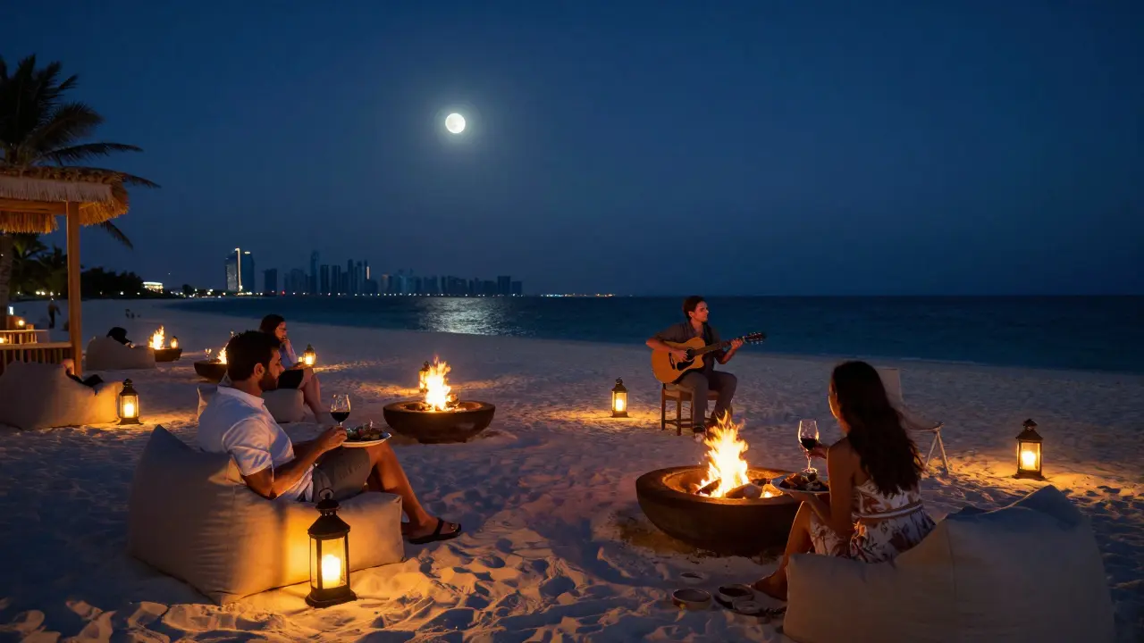 Serene beach lounge on Zaya Nurai Island with fire pits, acoustic music, and starry night sky.
