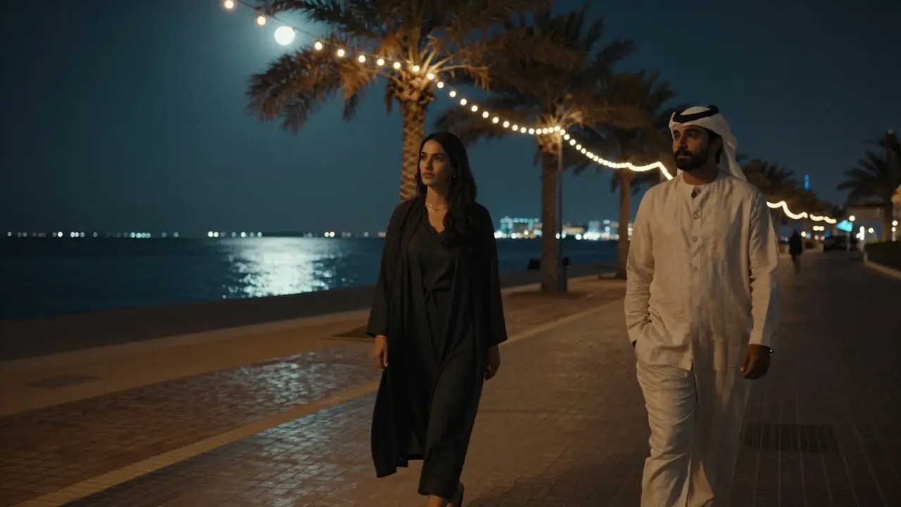 Two figures walk silently along Abu Dhabi’s Corniche at night, bathed in moonlight and soft street lamps.