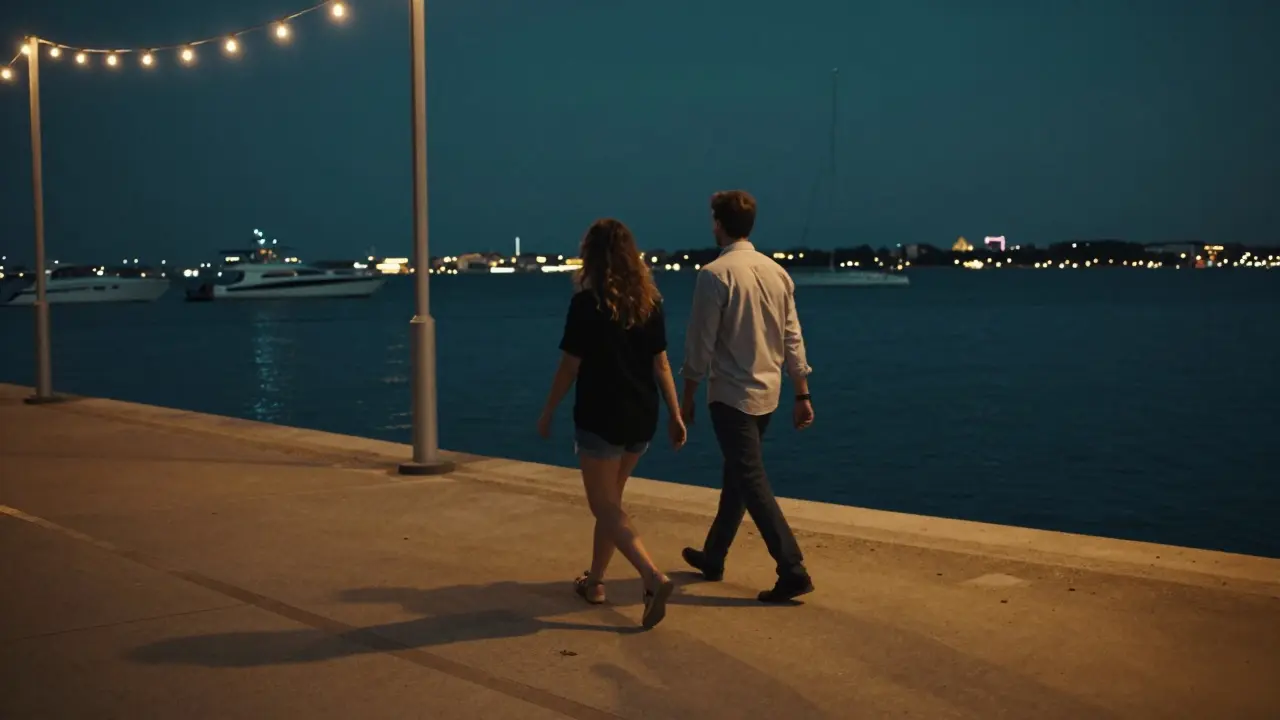 Two individuals taking a peaceful evening walk along Al Qana Waterfront under soft string lights, no physical contact.