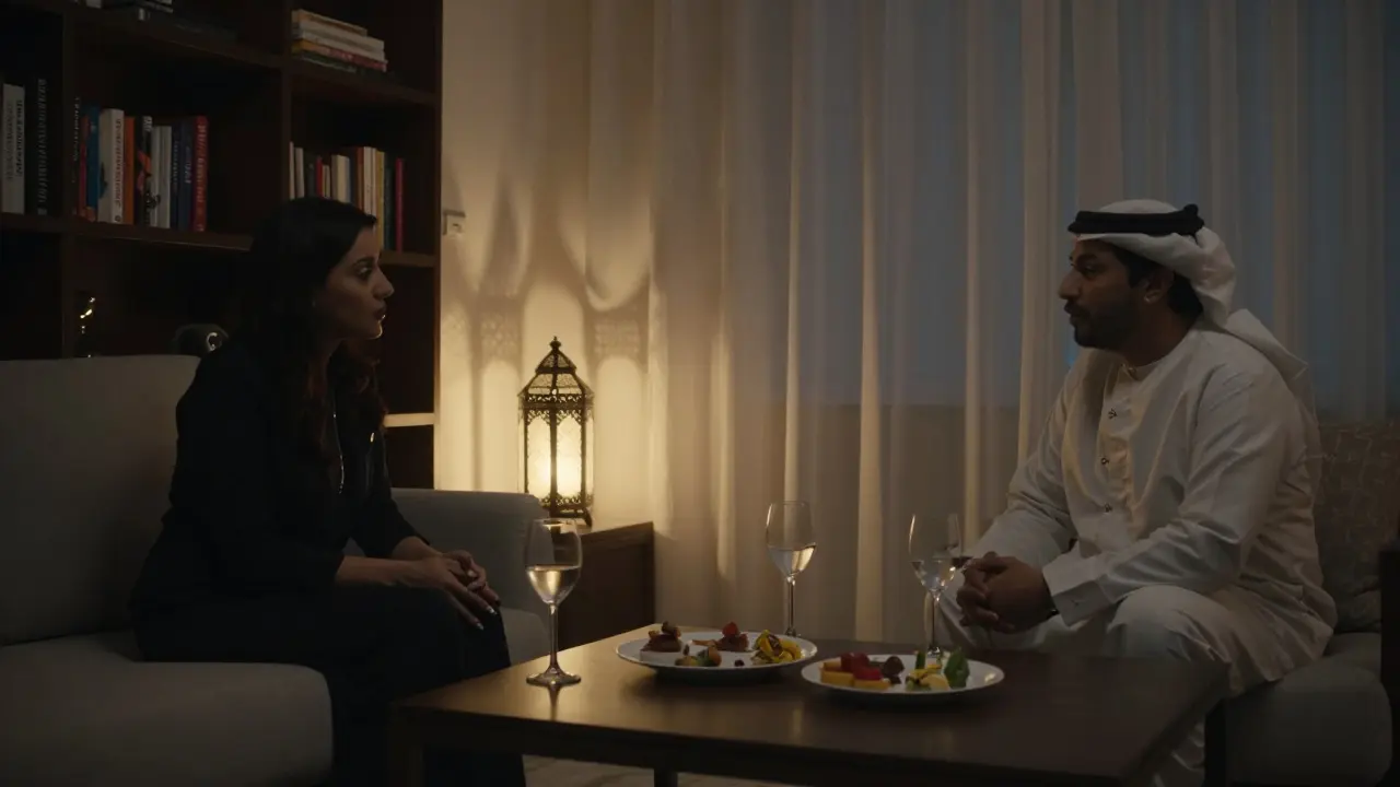 Two people sit apart in a softly lit private apartment, sharing wine and conversation without physical contact.