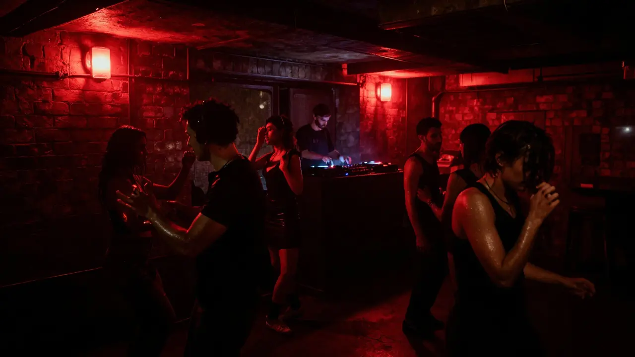 Underground club La Scala with dancers lost in techno music under dim red lights and industrial brick walls.
