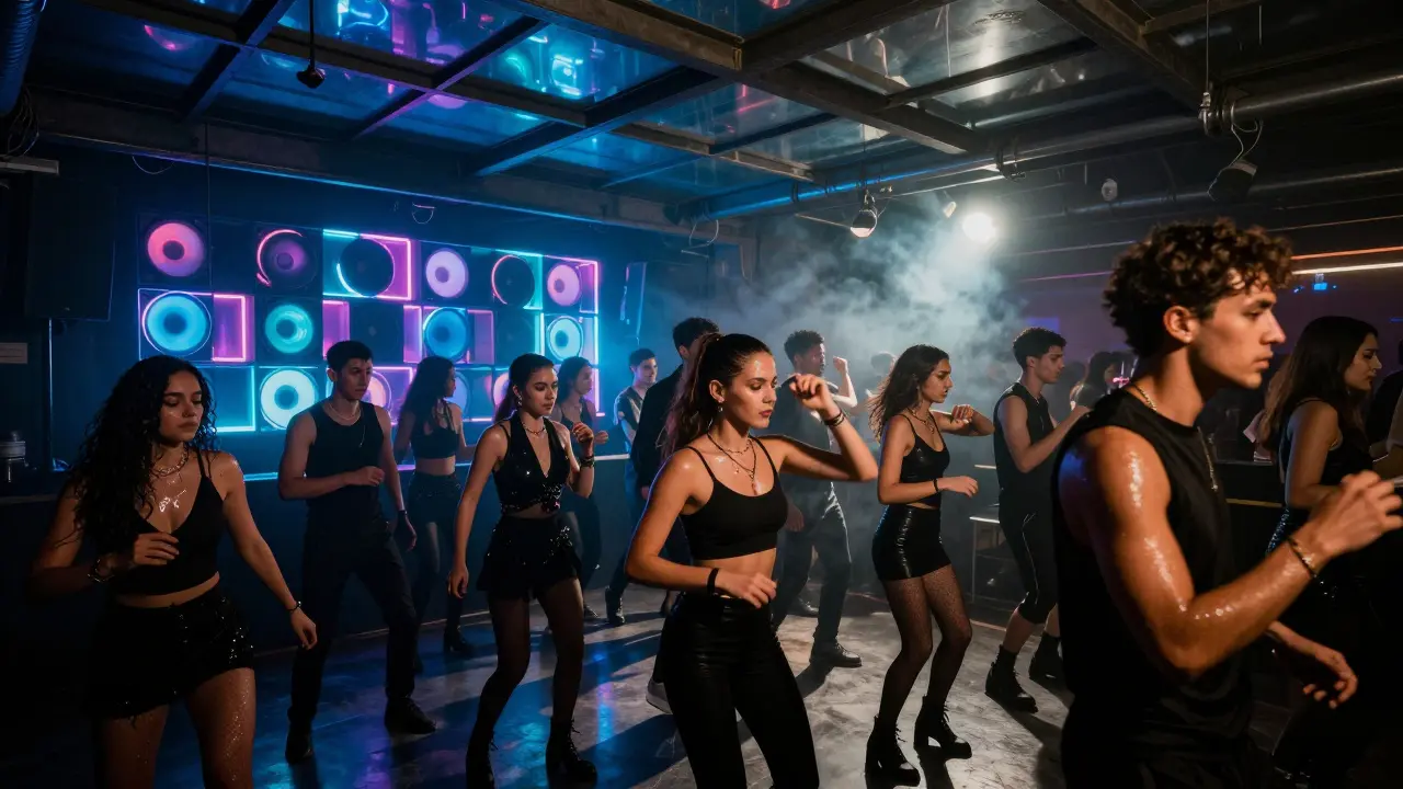 Underground dance club in Zona Tortona with a pulsing crowd and industrial lighting at midnight.