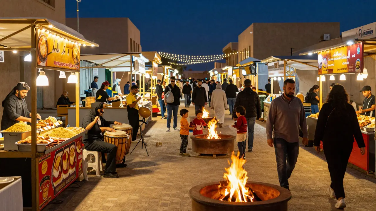 Vibrant Al Qana night market with food stalls, live music, and people enjoying evening under string lights.